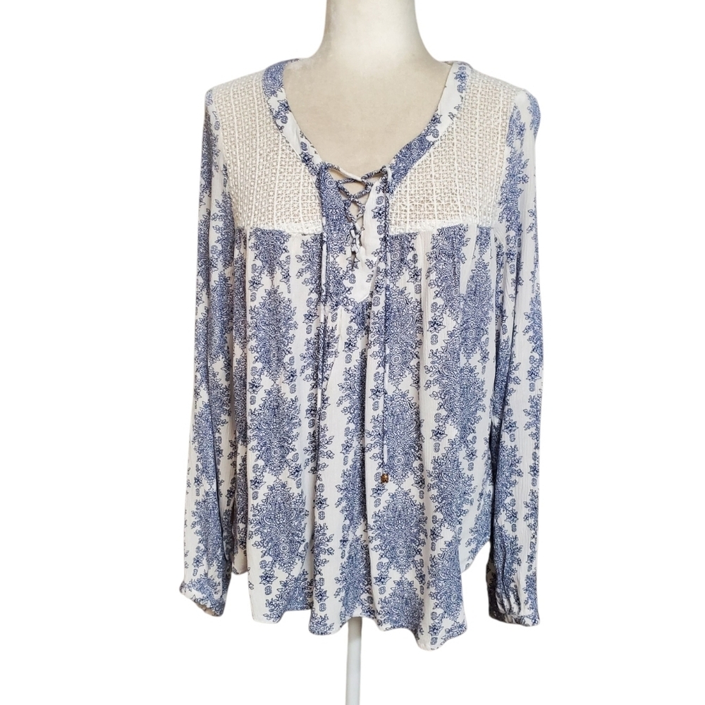 Heartloom Blouse Womens Large Blue Lace Floral Long Sleeve Boho Top